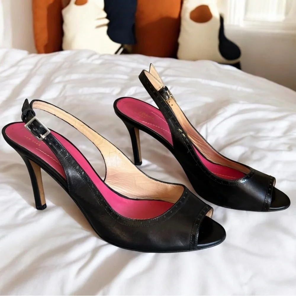 Kate Spade Sling Back Heels Sz 9 B Classic Italian Leather Sandals Peep Toe Chic